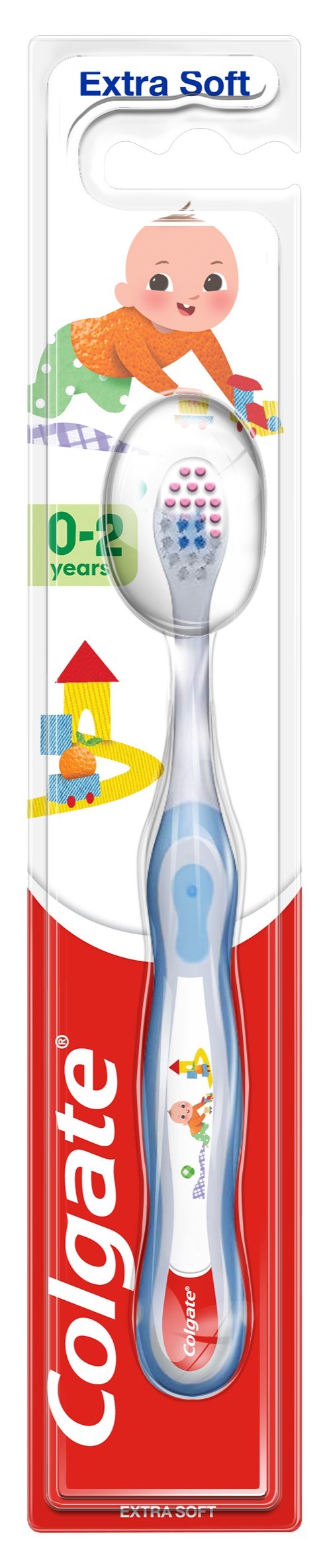 A children's toothbrush in packaging with a baby cartoon, colorful designs, and the brand name Colgate.