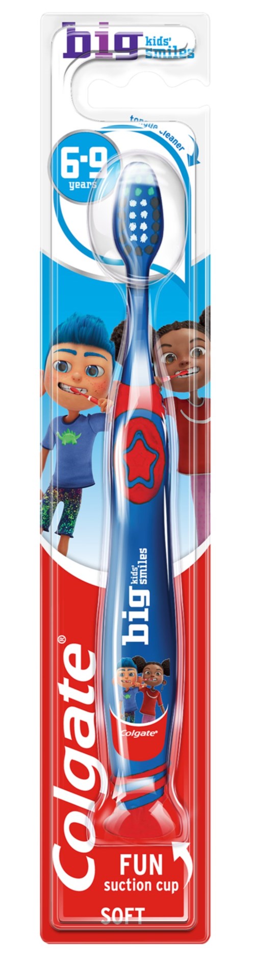 A children’s toothbrush with blue and red colors, featuring characters from a kids' show and a 6:9 brush head.