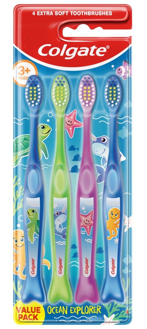 A pack of four colorful soft toothbrushes with ocean-themed characters, designed for children aged 3 and above.