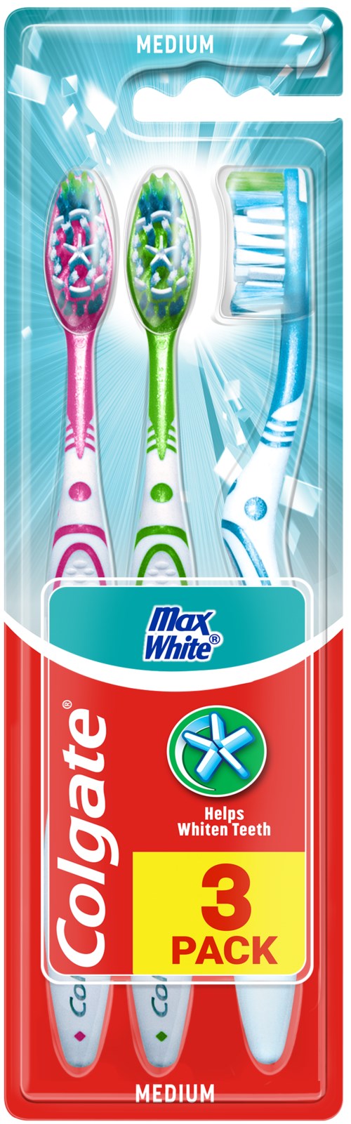 Twee tandenborstels, een roze en een groene, in een plastic verpakking. De verpakking beschermt ze en toont een merknaam, Colgate.