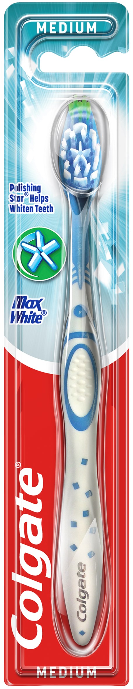 Eine Colgate-Zahnbürste in Verpackung, die für mittlere Reinigung zeigt, Blau- und Weißfarben enthält und Aufhellung erwähnt.
