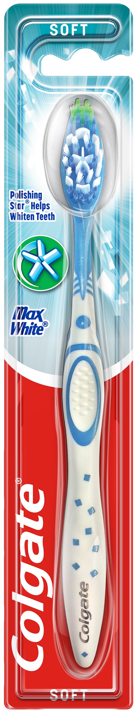Eine Colgate-Zahnbürste in Verpackung, gekennzeichnet als weich mit grünem Kreuzsymbol, blau-weiße Farben, und Text zur Reinigung.