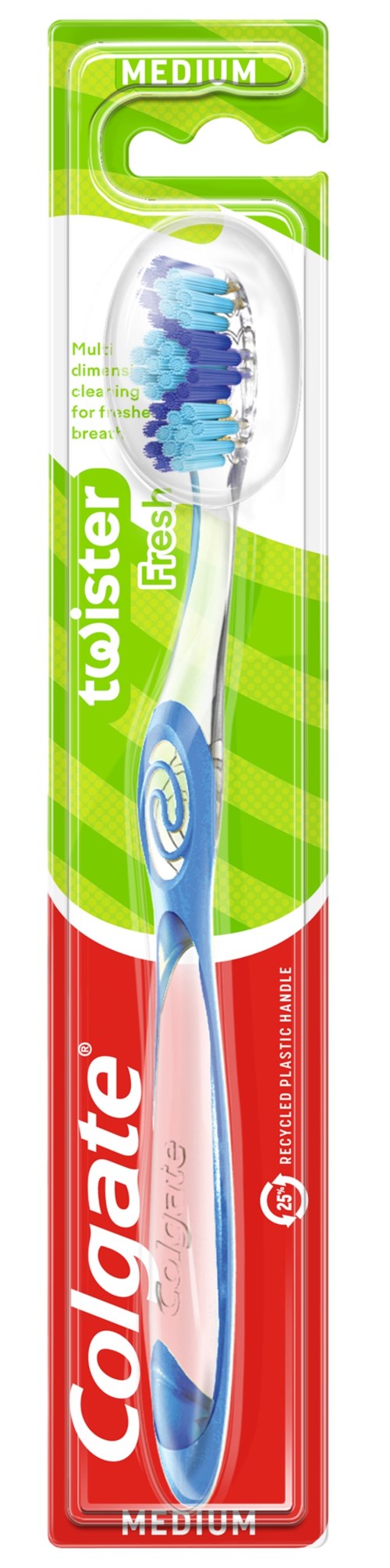 Eine Zahnbürste in Grün, Weiß und Blau, in Plastikverpackung mit Colgate-Markierung und mittlerer Härte.