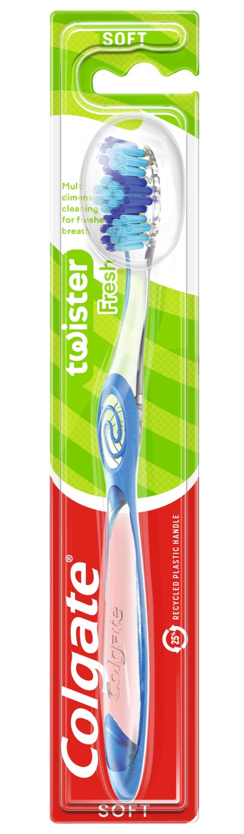 Eine Zahnbürste in Verpackung mit grüner, weißer und roter Farbe, zeigt Colgate-Logo und Borsten.