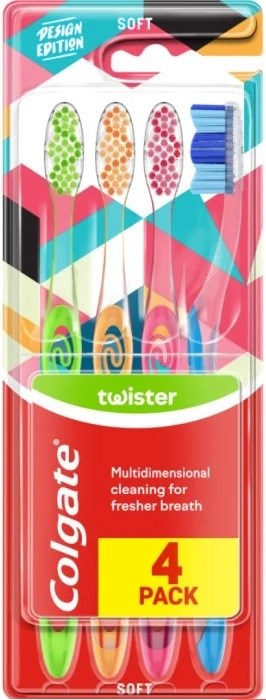 A package of four soft toothbrushes with colorful handles, designed for fresh breath. Branded Colgate, labeled as a 4-pack.
