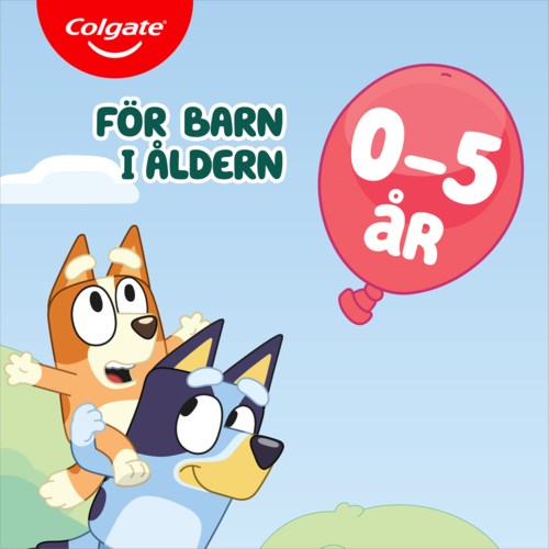 Colgate-Logo, kinderfreundliche Illustration mit Hund, Katze und Ballon für 0-5 Jahre alte Kinder.
