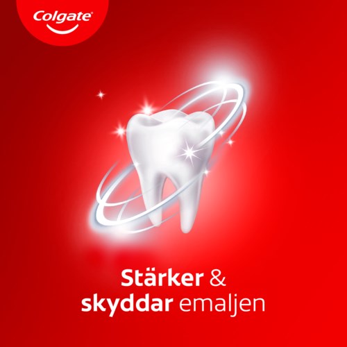 A white tooth with sparkles and swirling lines on a red background, with the Colgate logo at the top.