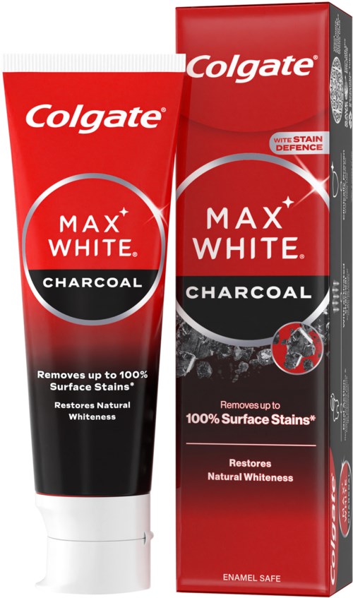 Eine Tube und eine Box mit Colgate Max White Charcoal Zahnpasta mit Fleckenschutz und Aufhellungsfunktionen.