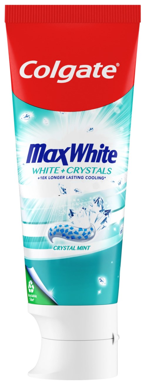 A tube of Colgate MaxWhite toothpaste with Crystals Mint flavor, blue and white packaging, and a flip cap.