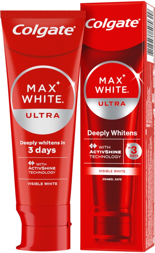 Colgate Max White Ultra Zahnpasta, die Zähne in drei Tagen mit ActivSmile-Technologie aufhellt.