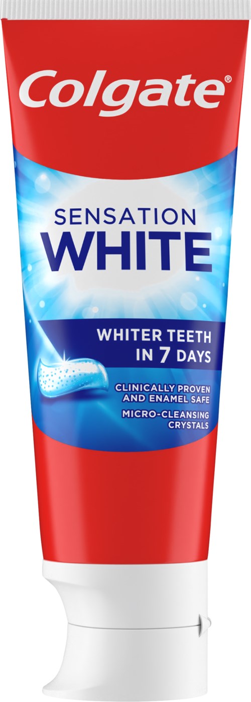Eine Tube Colgate Sensation White Zahnpasta mit blauer und roter Verpackung, verspricht weiße Zähne in 7 Tagen.