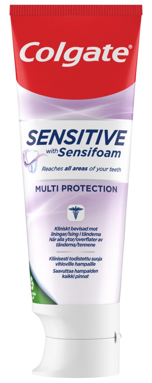 A tube of Colgate Sensitive toothpaste with Sensifoam, for multi-protection and sensitive teeth.