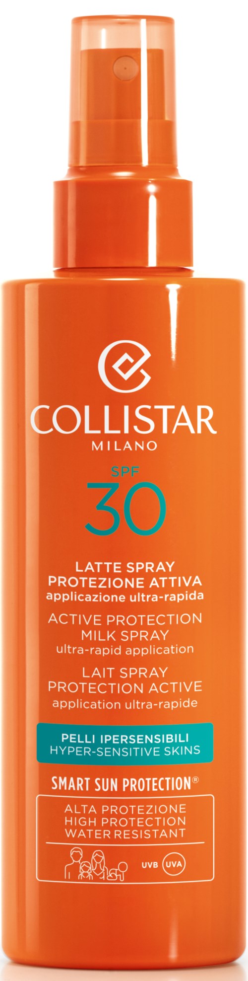 Eine orangefarbene Sprühflasche von Collistar Milano mit Sonnenschutz SPF 30, für empfindliche Haut, schnelle Anwendung und wasserfest.