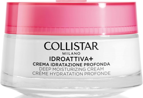Ein Behälter mit tiefenpflegender Creme, rosa Deckel, beschriftet 'Collistar Milano Idratativa+', für Hauthydration.