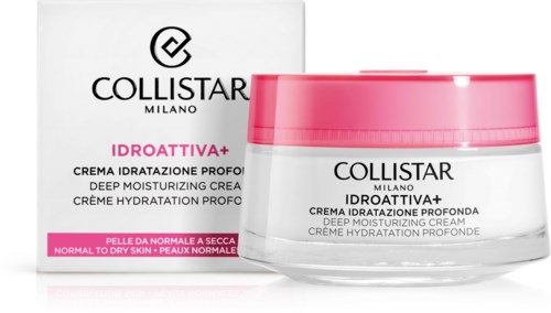 Ein Behälter mit tief feuchtigkeitsspendender Creme und seine Verpackung, pink und weiß, für normale bis trockene Haut.