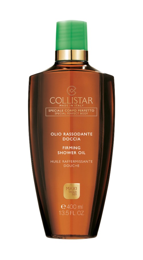 Eine braune Flasche mit grünem Deckel und Goldrand, beschriftet Collistar straffendes Duschöl, 400 ml.