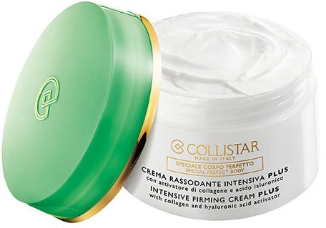 Grüner Behälter mit Collistar intensiv straffende Creme für den Körper, enthält Kollagen und Hyaluronsäure.