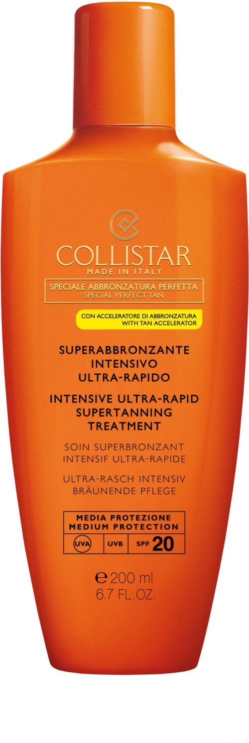 Orangene Flasche mit Superbräunungscreme mit SPF 20, mittlerer Schutz und schnell einziehend.