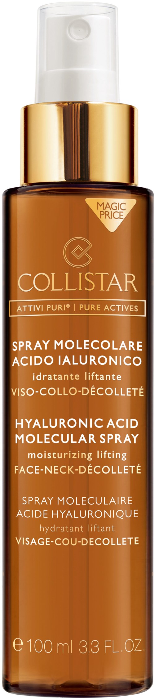Eine braune Flasche mit weißem Pumpaufsatz enthält Hyaluronsäure Spray zur Befeuchtung und Anhebung von Gesicht und Hals.