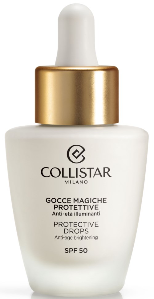 Eine weiße Tropfflasche mit goldener Kappe, beschriftet Collistar Milano Schutztröpfchen mit SPF 50 für Hautschutz.