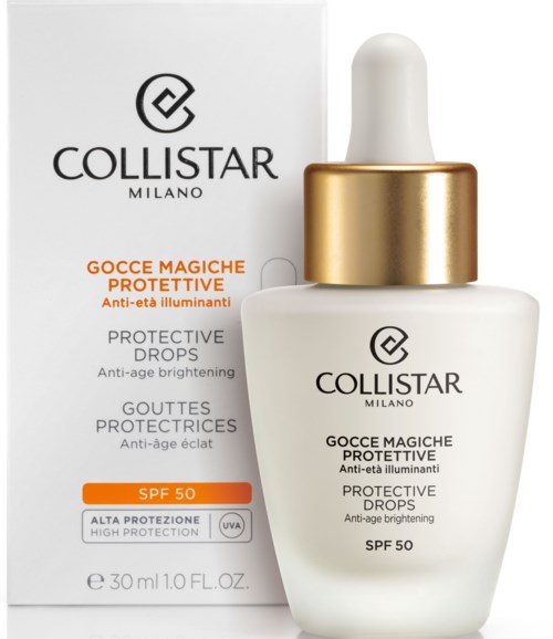 Eine weiße Flasche mit goldener Kappe und Pipette, zeigt Karton und Text für Collistar Schutztröpfchen mit SPF 50.