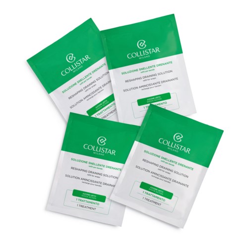 Vier grüne und weiße Pulverpäckchen mit Abflussreinigungslösung von Collistar. Jedes Packung hat Text in mehreren Sprachen.