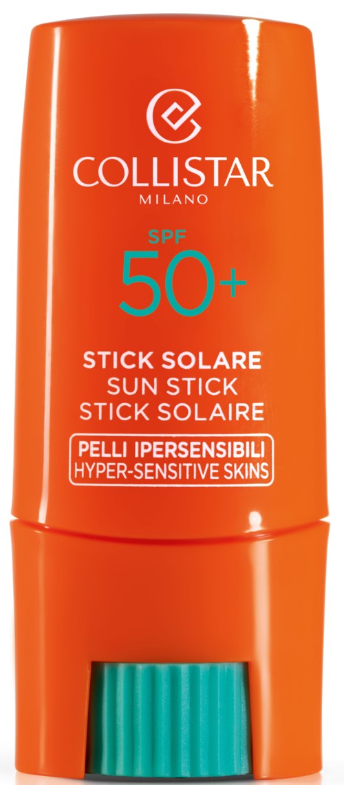 Oranger Sonnencremestift mit blauer Drehkappe, für empfindliche Haut, SPF 50+.