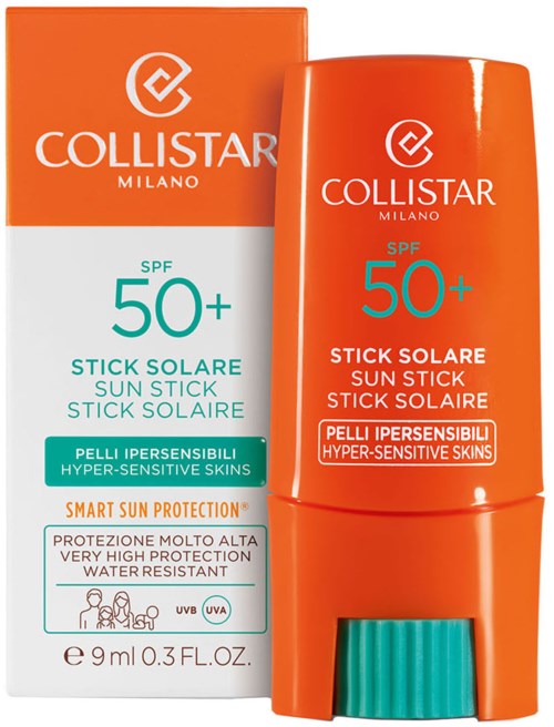 Sonnenschutzstift mit SPF 50+ für hypersensitive Haut, wasserfest, hoher Schutz, in orange Verpackung.