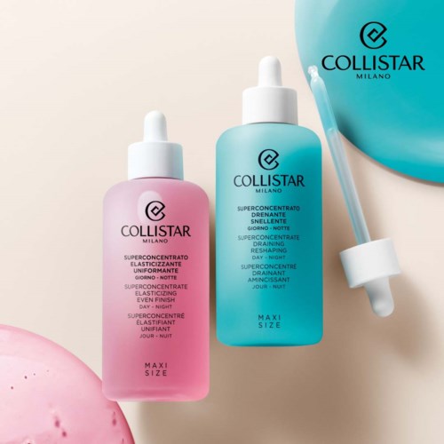 Zwei Flaschen mit Hautpflege-Serum, eine rosa und eine blaue, mit Tropfer, und Ballons mit Collistar-Logo.