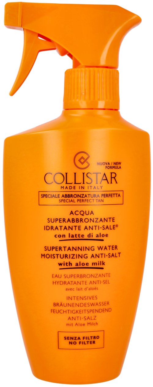 Ein leuchtend orangefarbiger Sprühflasche mit Collistar Superbronzante, mit Aloe-Milch und ohne Filter.