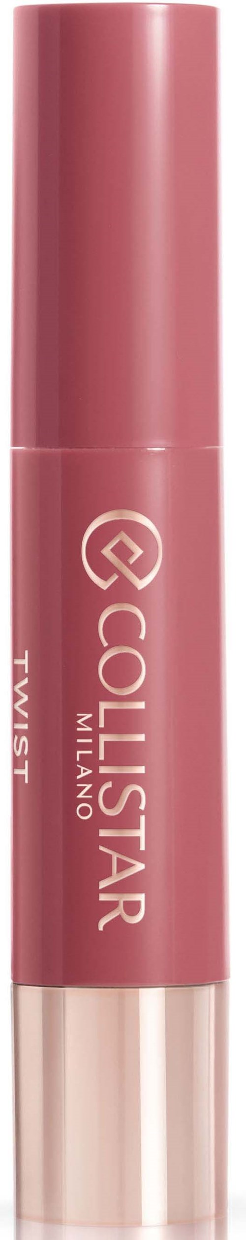 Ein rosa Lippenpflegestift mit silberner Basis und weißem Text, der 'Collistar Milano' und 'T' sagt.