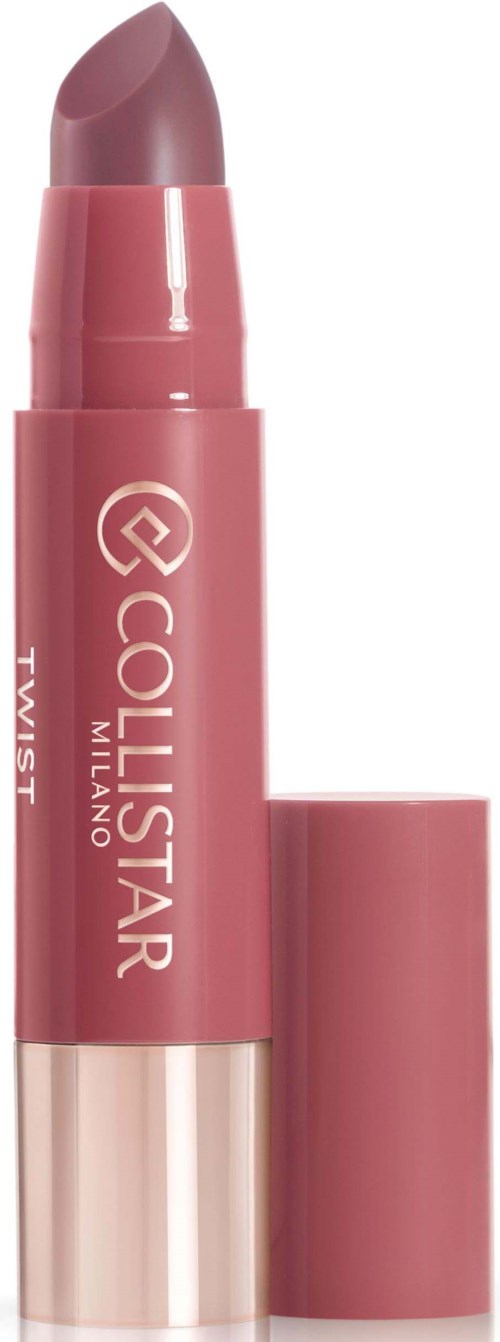 Rote Lippenstift in einer Hülse, ohne Deckel, sichtbar. Der Markenname auf der Hülse ist "Collistar Milano Twist."