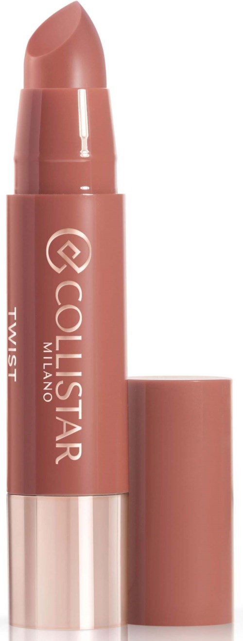Ein pinkfarbener Lippenstift mit Deckel, beschriftet COLLSTAR MILANO TWIST, steht aufrecht.