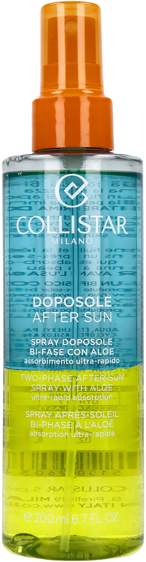 Sprühflasche mit blauer Flüssigkeit, orangefarbenem Deckel und weißem Text 'Collistar Dopo Sole After Sun'.