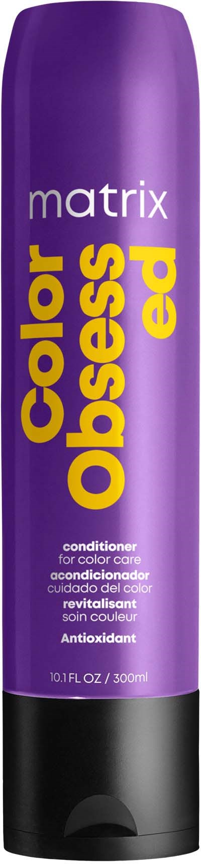 Eine lange lila Flasche Haarspülung namens 'Color Obsess' von Matrix, für Farbpflege und Reparatur.