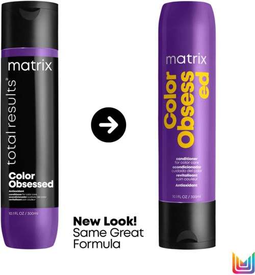Zwei Haarpflegeprodukte: eine schwarze und lila Flasche 'Color Obsessed', die andere lila 'Color Obsess ed.', mit neuem Look.