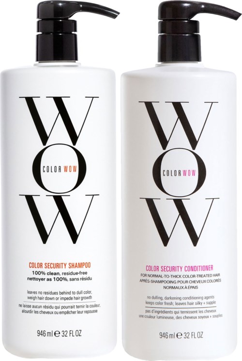 Two white bottles with black pumps, labeled 'WOW COLOR'. One is shampoo, and the other is conditioner.