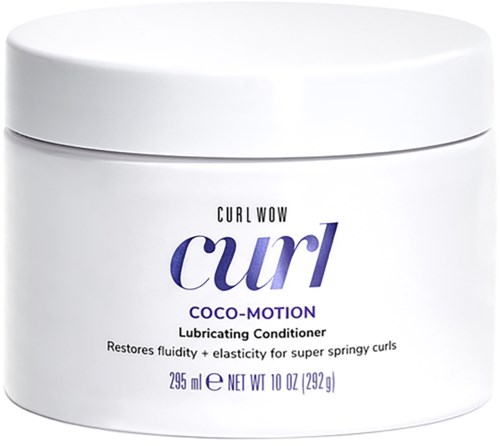 Een witte container met Curl Wow Coco-Motion conditioner voor haar, met paarse en zwarte tekst.
