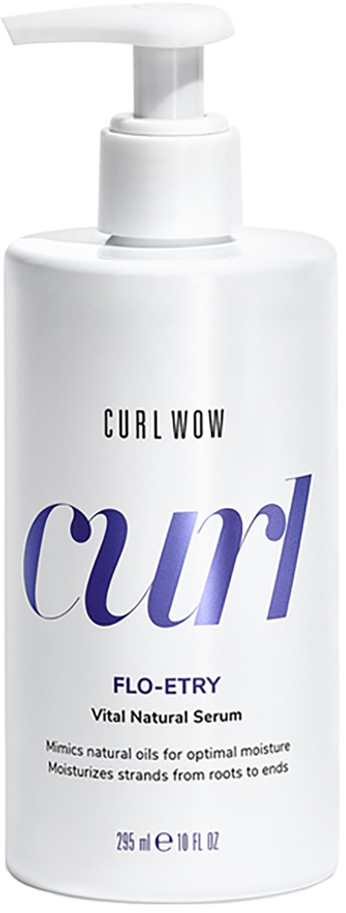 A white bottle with a pump, labeled "Curl Wow" and "Curl FLO-ETRY Vital Natural Serum" for hair care.