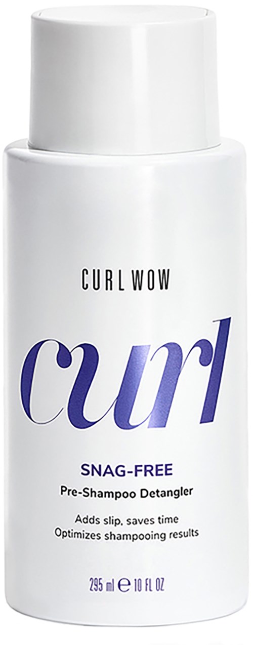 A white bottle labeled 'Curl Wow' for curly hair, showing it is a pre-shampoo detangler that stops slipping.