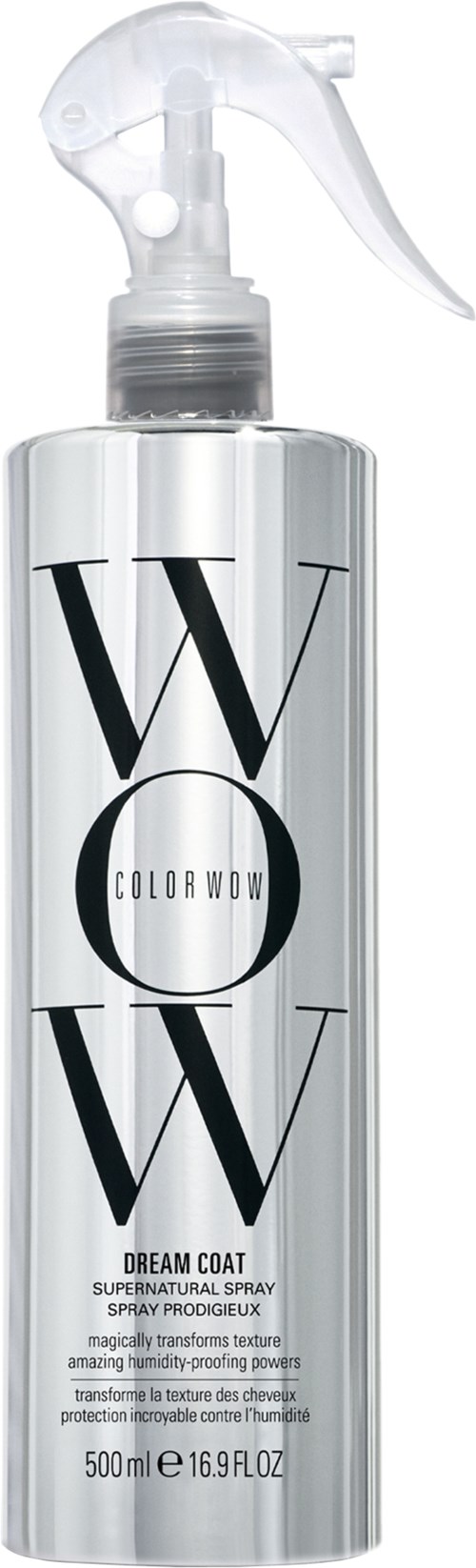 A tall, silver spray bottle with a white nozzle and black large text reading 'WOW' and smaller text below.