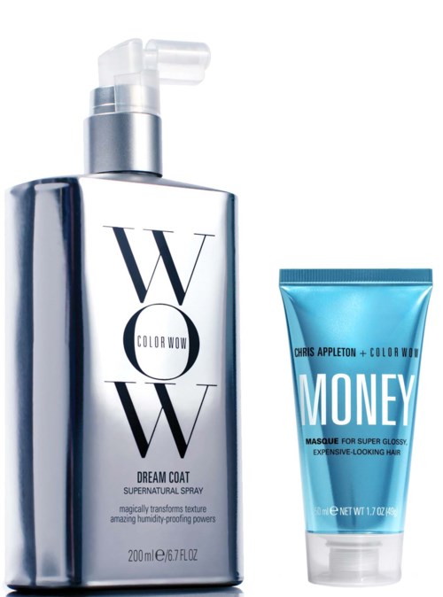 Two hair products: one spray bottle and one tube, labeled with brand names, in shiny silver and blue colors.