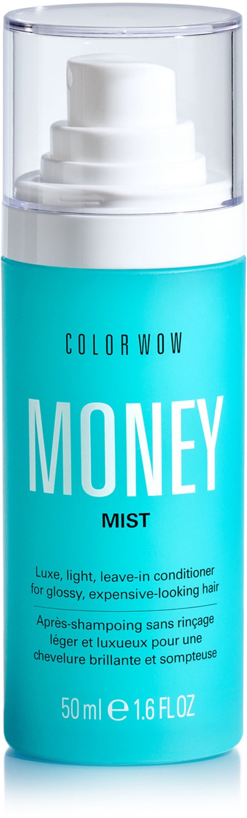 Een turquoise flacon met 'Money Mist' label en witte spraydop, haarverzorging, 50ml.