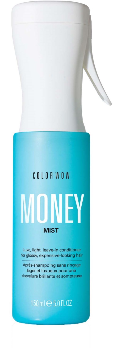 Een blauwe en witte sprayfles met 'Money Mist' voor haarconditioner.