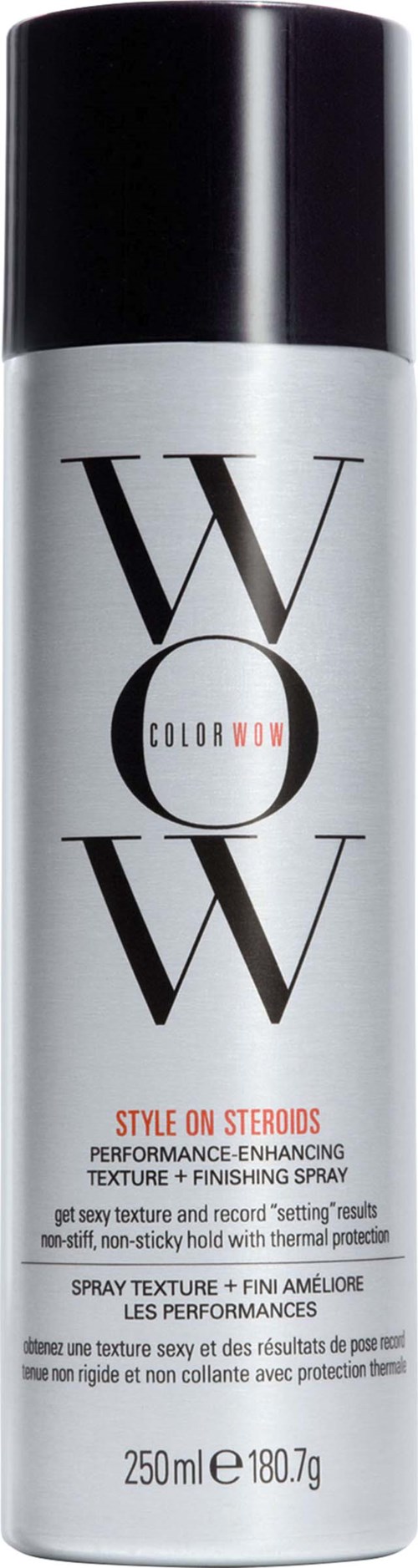 Een witte en zwarte spuitbus met de woorden 'WOW' en details over prestatie en textuur.