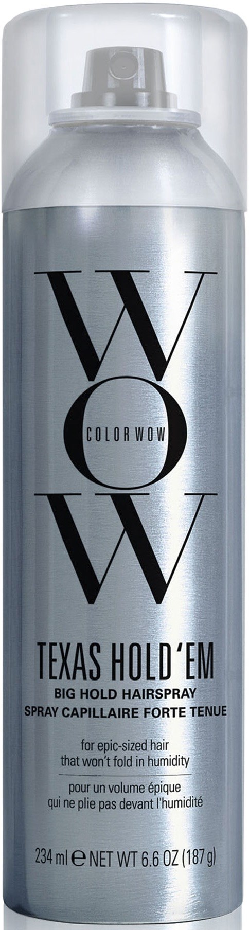 A tall, silver spray can labeled 'WOW' and 'Texas Hold 'Em' for holding big, epic hairdos.