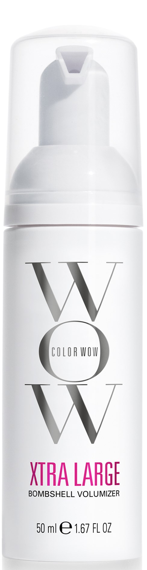 Een witte fles met pomp, gelabeld 'Color Wow,' zegt 'Xtra Large Bombshell Volumizer,' 50 ml inhoud.