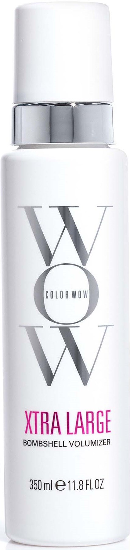 En vit burk med silver och rosa text, märkt WOW XTRA LARGE, 350 ml, för volym i håret.