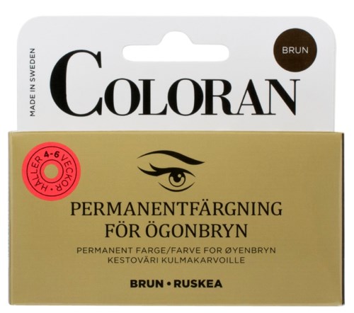 Dit is een doos wenkbrauwverf, bruin, met een ooglogo en tekst in het Zweeds.