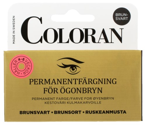 Eine Schachtel mit permanentem Augenbrauenfärbe in Schwarz, in Schweden hergestellt, mit Augenillustration und schwedischem Text.